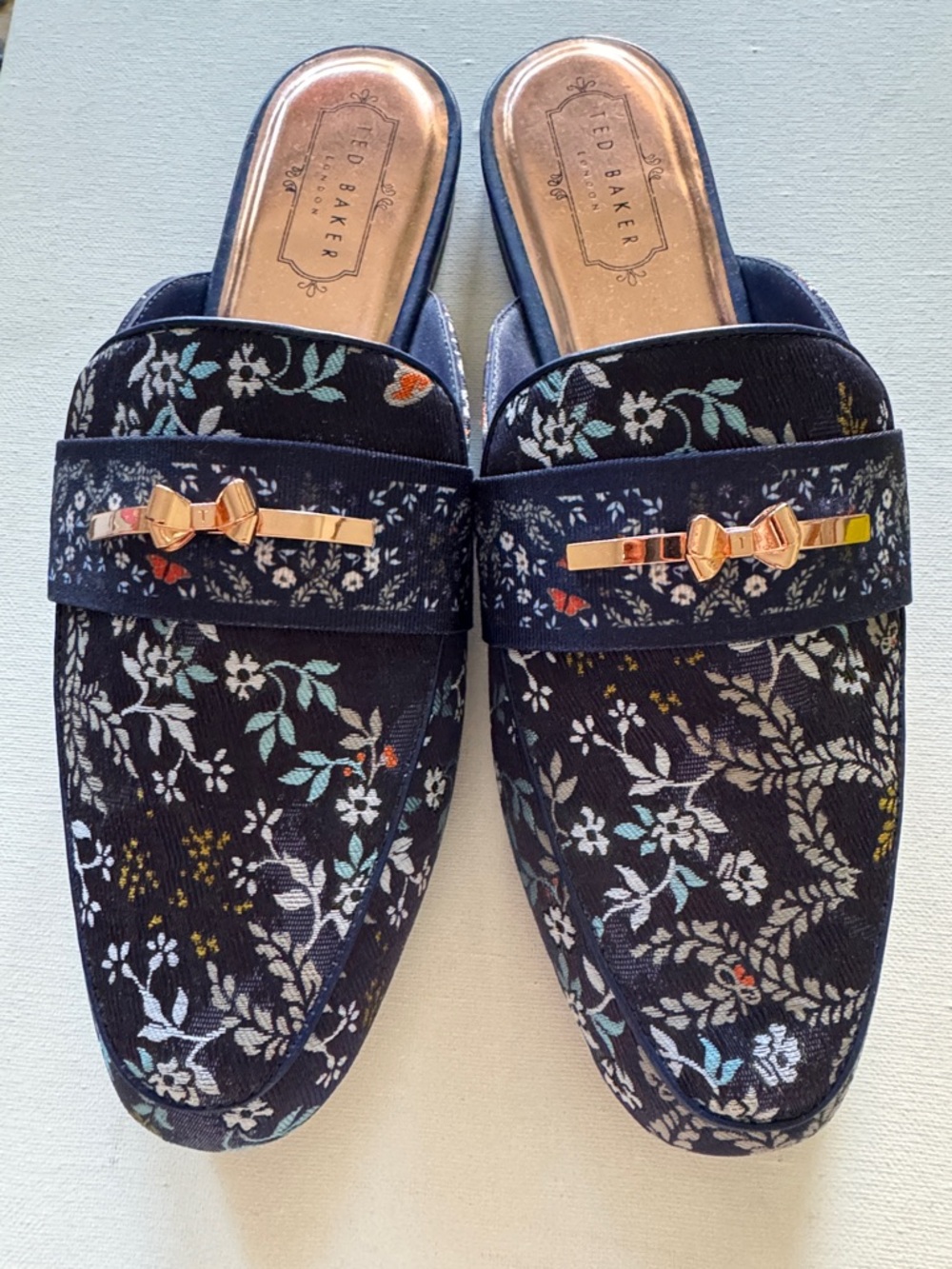 Ted Baker Navy Floral Embroidered Mule Loafers with Gold Bow